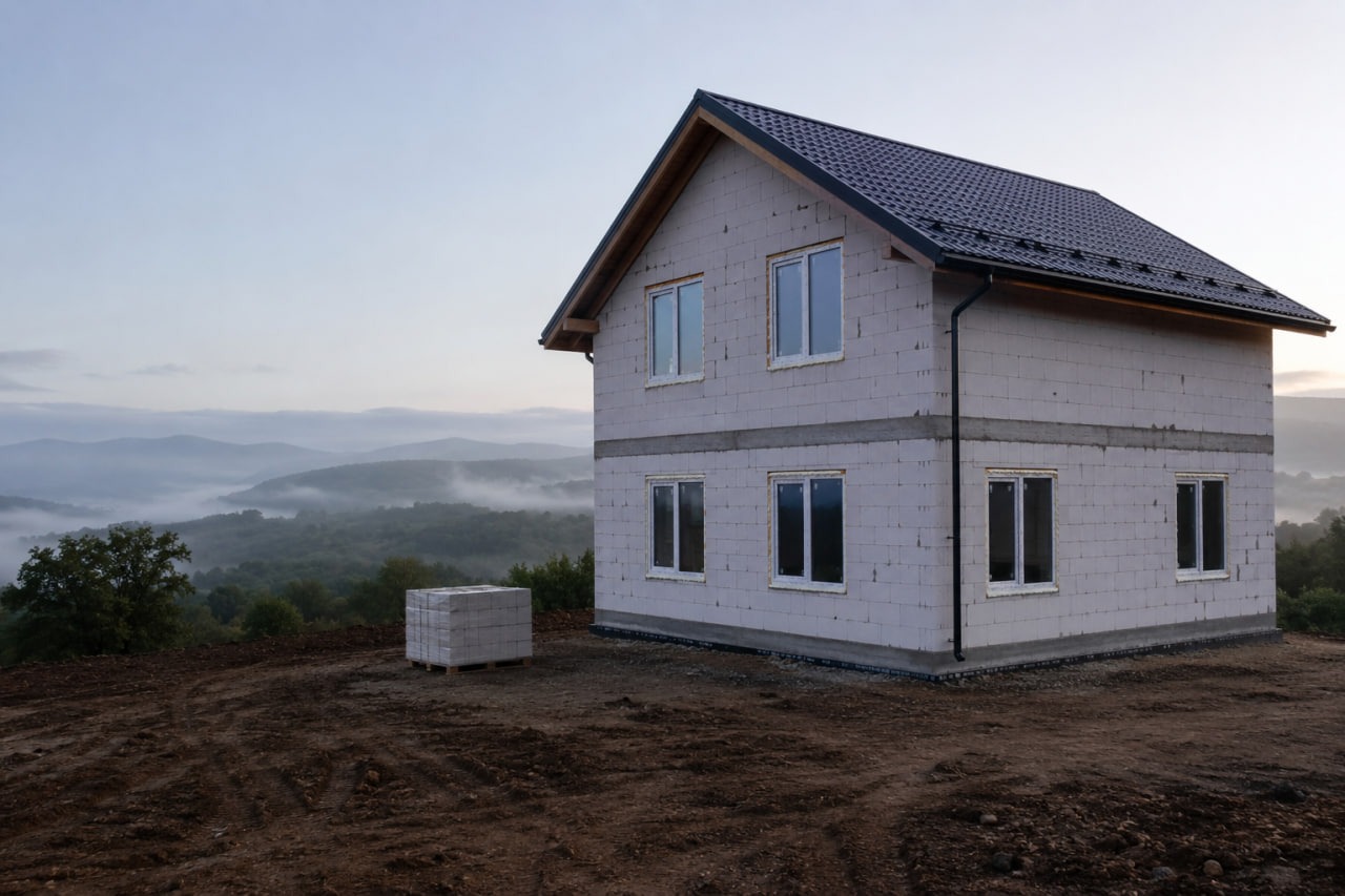 Коробка дома из газоблока под кровлей
